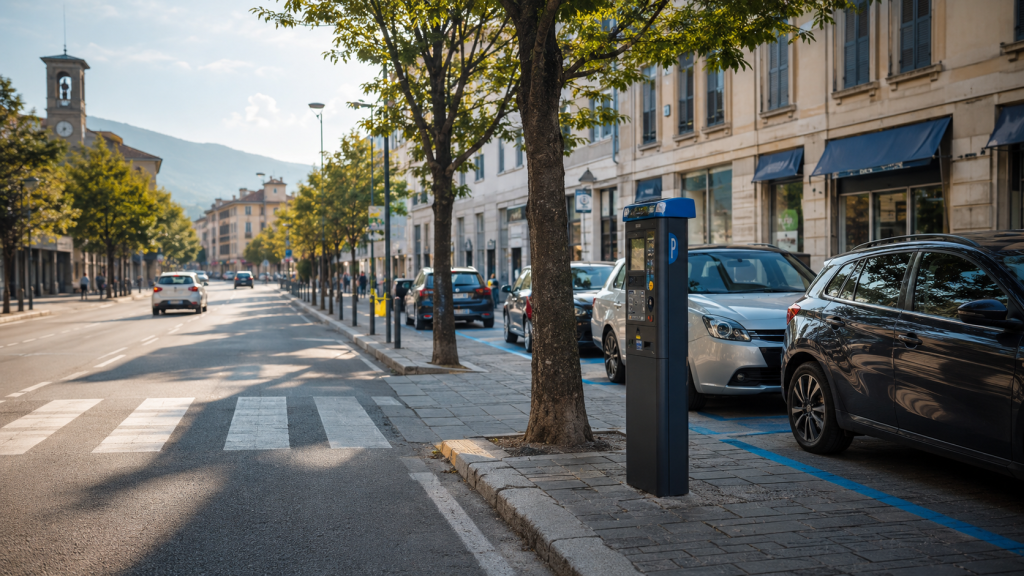 Veduta di una strada urbana con stalli di sosta regolamentati